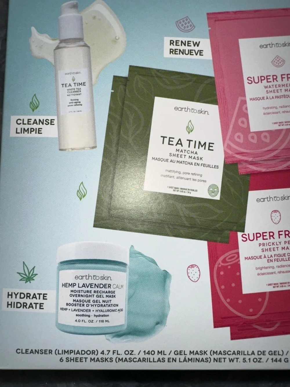 earth to skin Renew & Relax Essentials Set Masks Cleanse Moisturize - NIB
